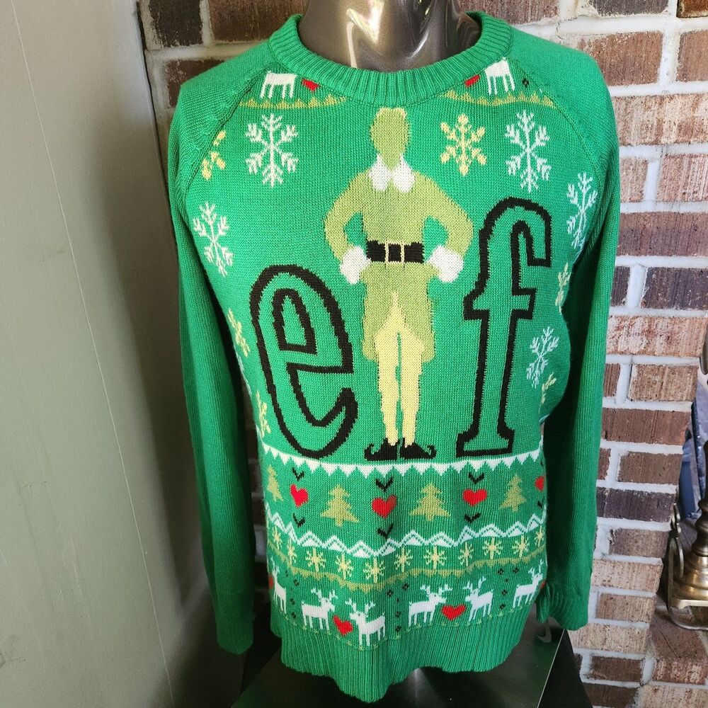 ELF Christmas Sweater Adult Unisex XL Green ELF Movie Pullover Snowflake Budd